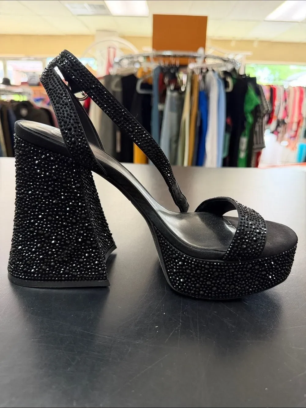 Gianni Bini Black Crystal Platform Block Heel Sandals